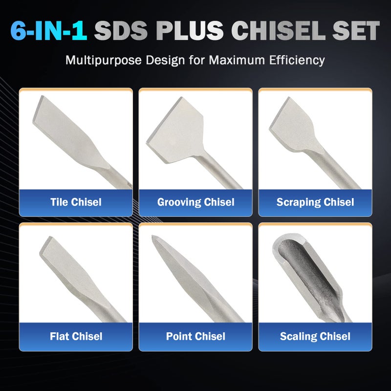 ZELCAN Chisel Set with SDS Plus Shanks, 6pc Masonry Concrete Drill Bit Set, Tile Grooving Scraping Flat Point Scaling Chisels 40Cr Steel Rotary Hammer Drill Tool Kit SDS Plus Bits for Home Improvement - Image 3